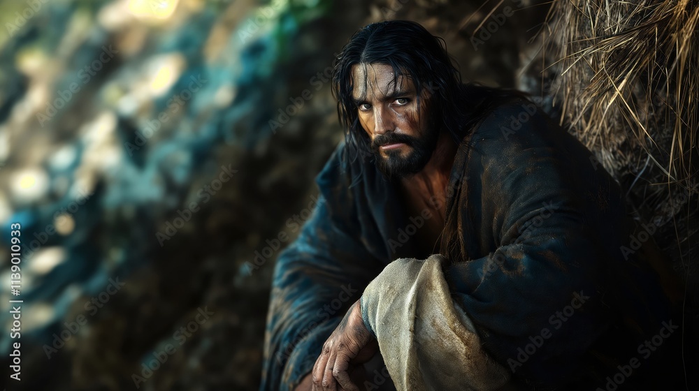 The First Temptation: Jesus Christ is Tempted in the Wilderness, Biblical New Testament Depiction, Copy Space