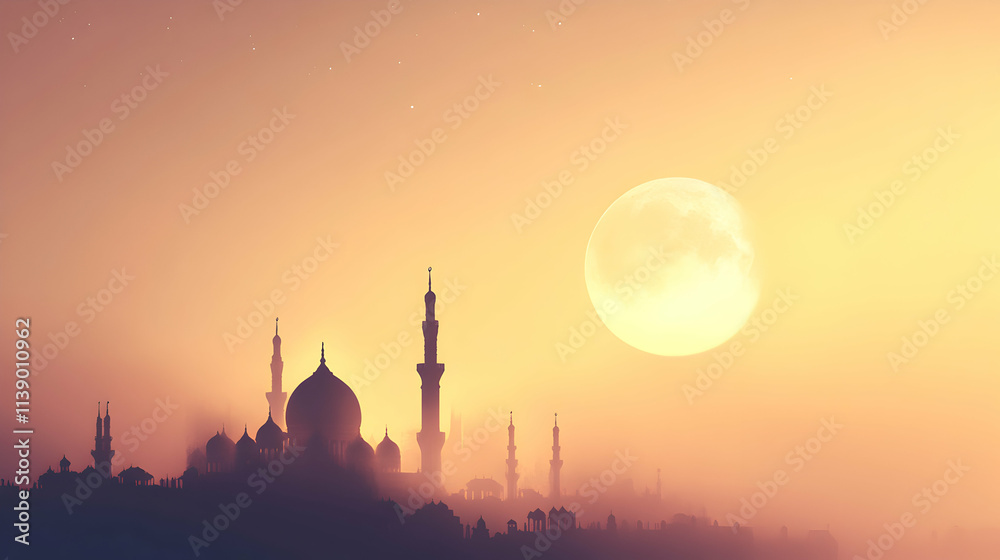 Fototapeta premium Majestic Mosque Silhouette At Sunrise With A Full Moon