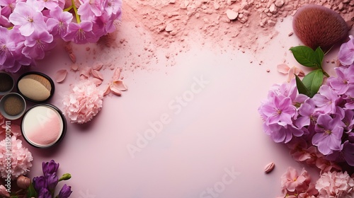 Beautiful Floral Arrangement with Makeup Products on a Soft Pink Background