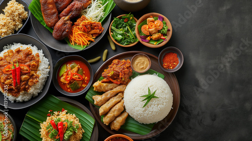 A Delectable Spread of Traditional Asian Cuisine Featuring Rice, Meat, and Vegetables