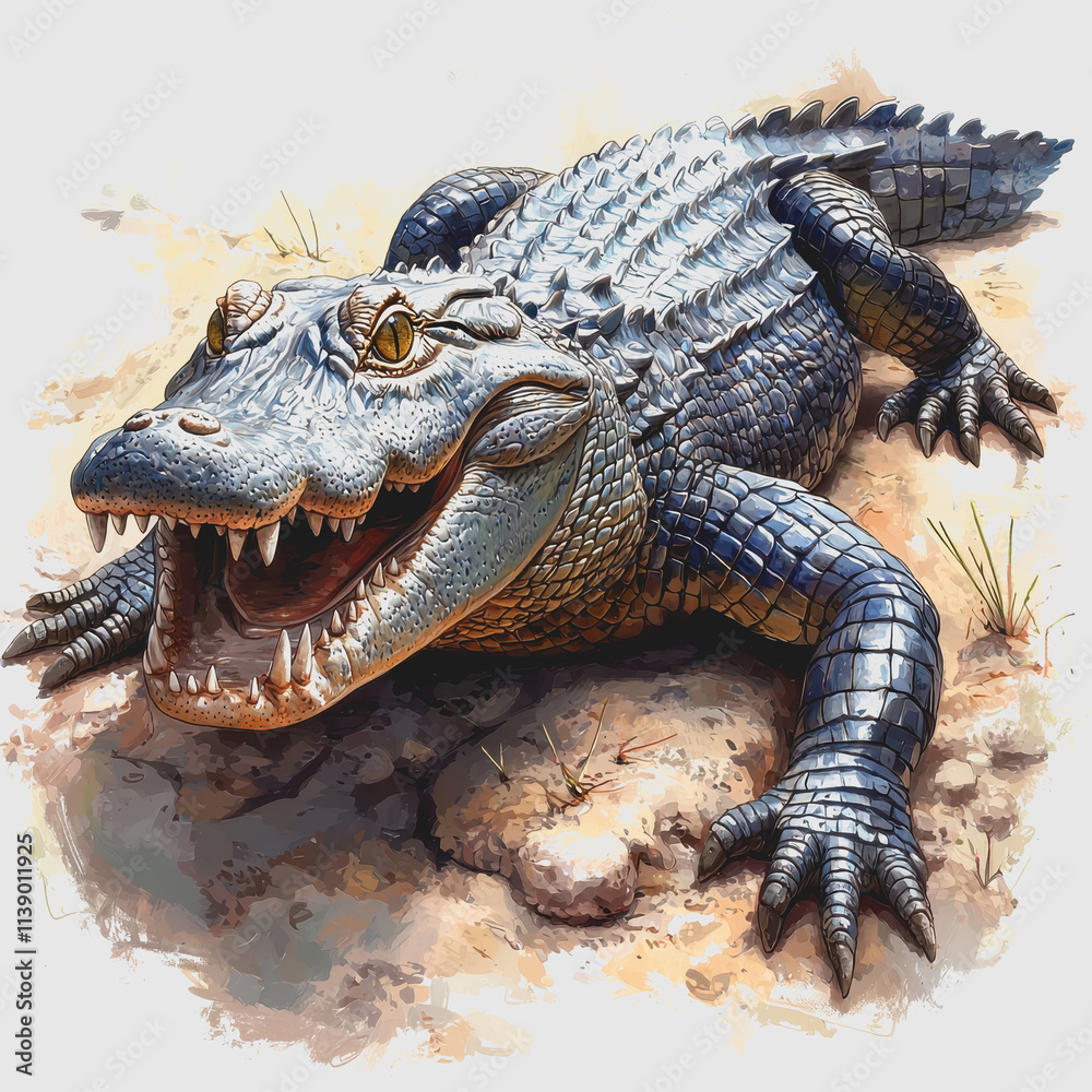 Fototapeta premium Crocodile Basking in the Sun with Mouth Open Displaying Teeth Wild Animal Photography Nature Wildlife Exposure Composition Lighting Perspective