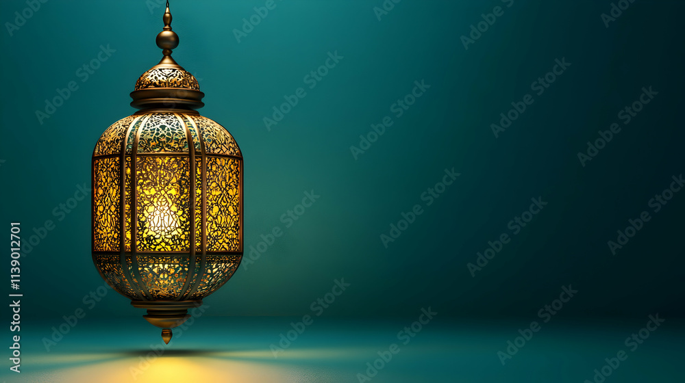Intricate Metal Lantern Hanging Against Teal Background Intricate Metal Lantern Hanging Against Teal Background