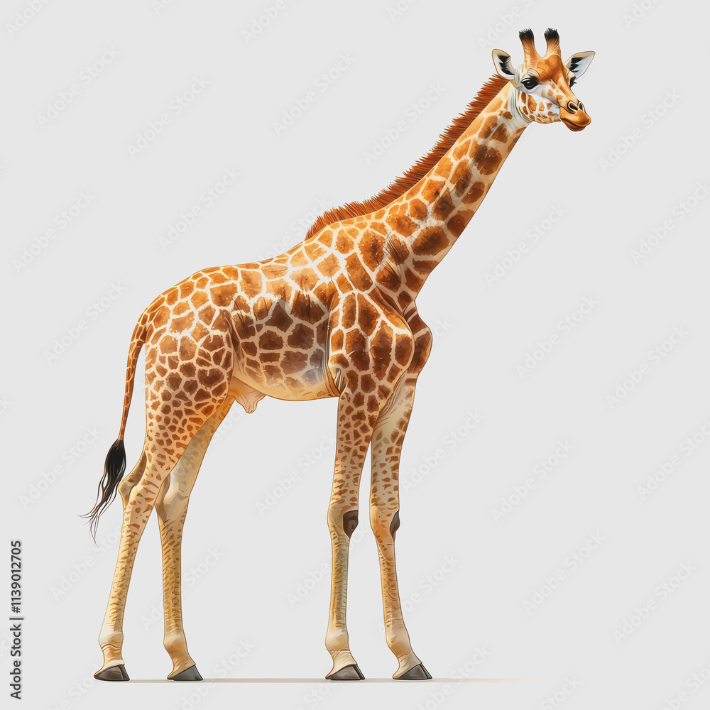 Fototapeta premium Majestic Giraffe Standing Tall in African Savanna with Golden Sunset Background Showcasing Wildlife Beauty and Nature Conservation Photography Techniques for Stock Image Market