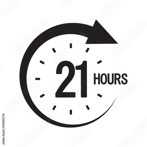 Twenty one hours icon. Bold 21 text. Circular clock symbol. Countdown timer graphic.