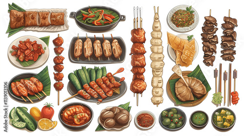 Delicious Spread of Various Asian Dishes Featuring Skewers, Noodles, and Fresh Ingredients