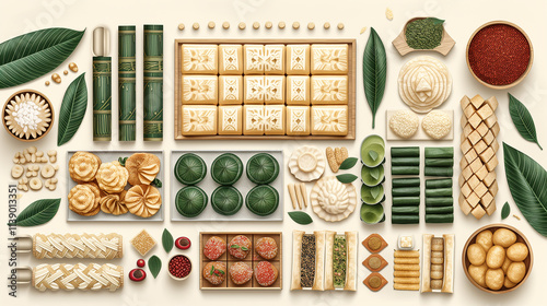 A Delicious Array of Traditional Sweets and Snacks Displayed Elegantly on a Light Background