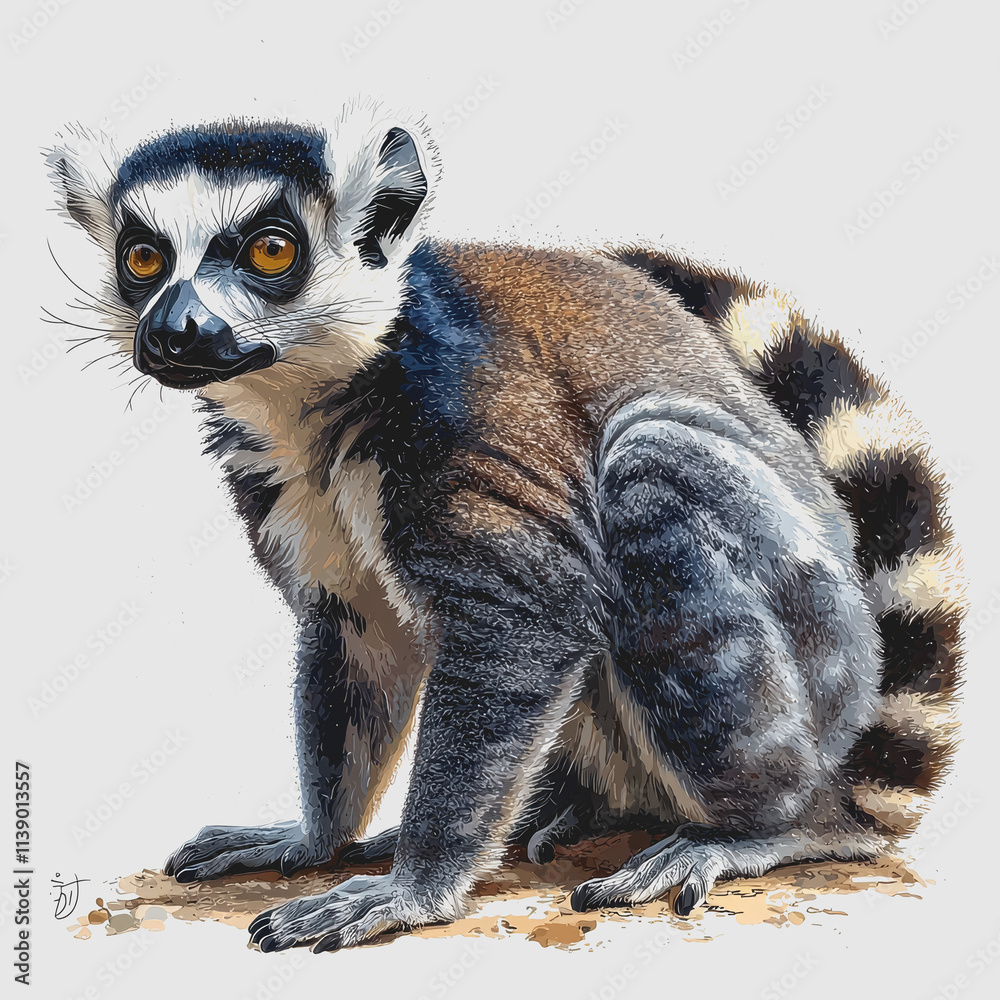 Fototapeta premium Cute lemur sitting on the ground in a natural habitat showcasing its expressive face and playful nature surrounded by greenery and vibrant colors perfect for wildlife photography projects