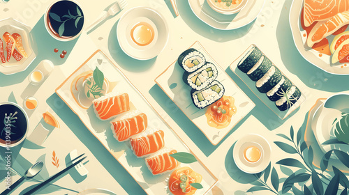 Delicious Sushi Platter Displaying Various Types of Sushi and Accompaniments on a Bright Table Setting