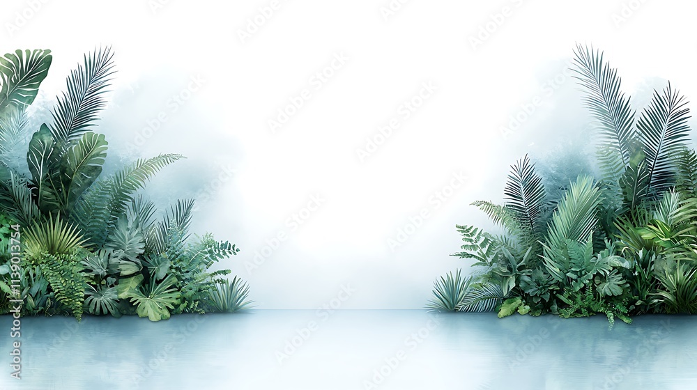 Obraz premium Lush green plants in serene nature landscape tropical environment aesthetic viewpoint