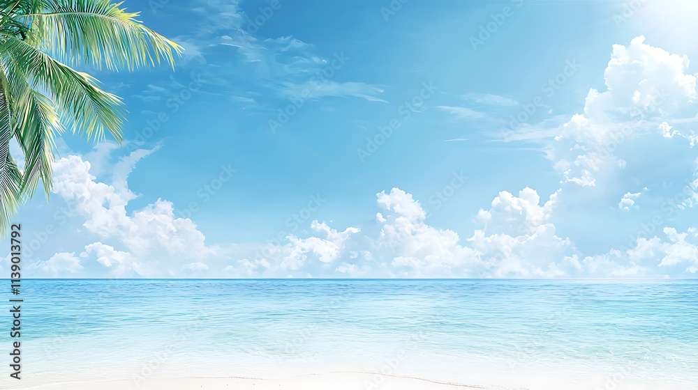 Obraz premium Serene beach scene tropical paradise digital artwork calm waters eye-level tranquility concept