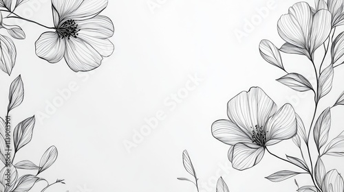 Monochrome floral frame with delicate line art flowers and leaves on white background.