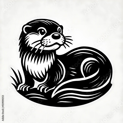 Otter vector illustration, Otter tattoo vector, Otter silhouette vector black and white full body photo