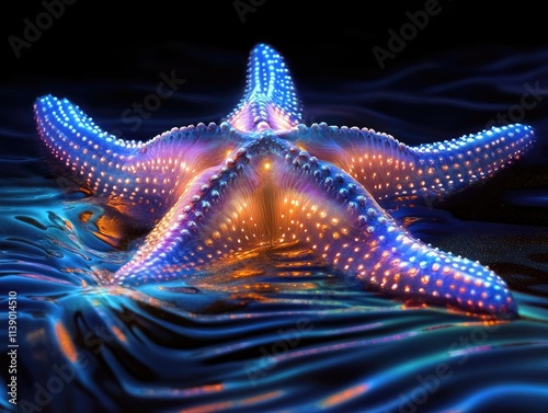 Luminous wonder - a glowing starfish radiating light, showcasing its intricate patterns, ethereal glow, symbolizing marine beauty, luminescence, and the mysteries of underwater life. photo