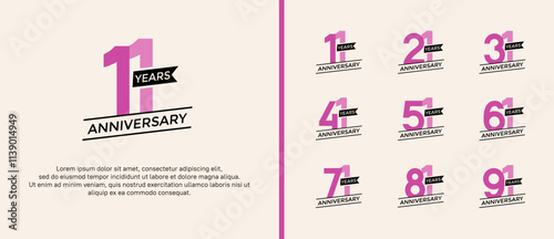 set of anniversary logo flat purple color with black ribbon for celebration moment