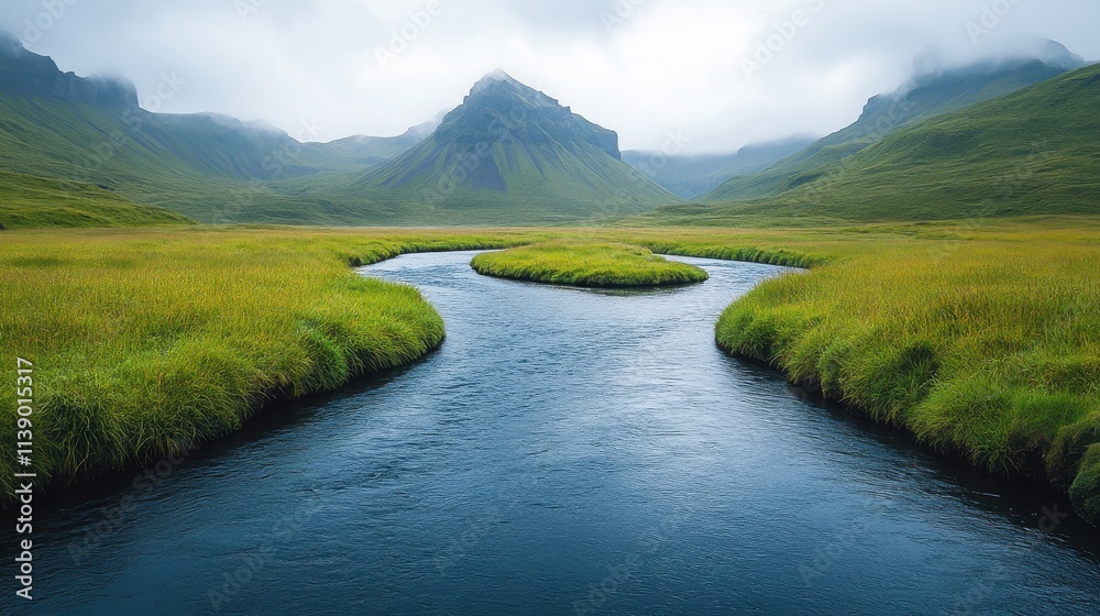 a river running through a grassy valley a river running through a grassy valley