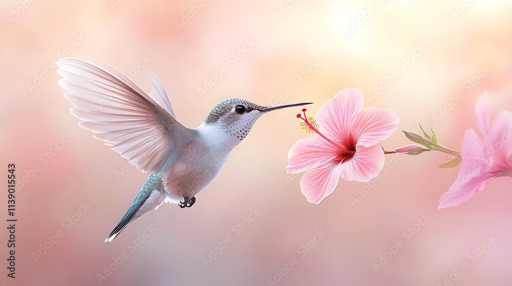 Naklejka premium Beauty of wildlife hummingbird close-up feeding on hibiscus in tropical garden