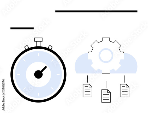 Stopwatch gear cloud documents. Ideal for productivity, automation, time management, cloud storage, digital transformation, efficiency, workflow optimization. Line metaphor