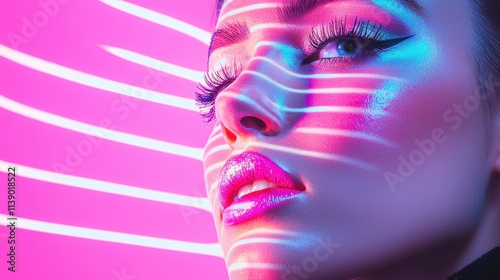 Dynamic portrait of a woman with neon light stripes studio fashion photography vibrant colors close-up beauty concept