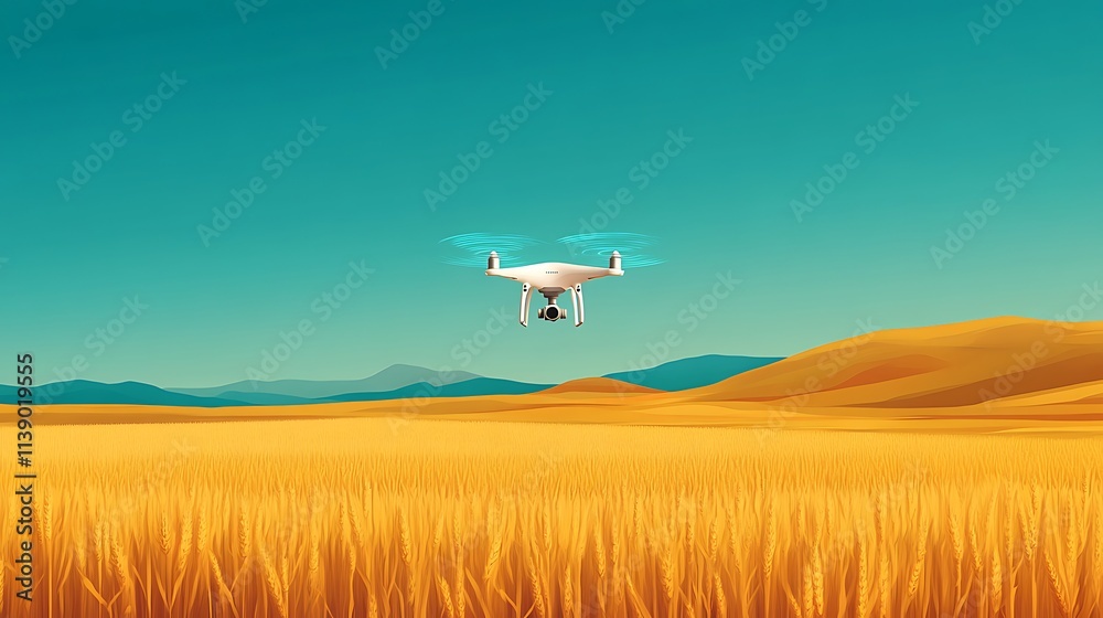 Naklejka premium Aerial View of Drone Monitoring Agricultural Crops with Advanced Sensors in a Vast Field Under Clear Blue Sky