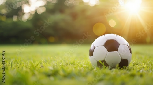 A close-up of a soccer ball resting on lush green grass, illuminated by warm sunlight, creating a serene outdoor sports atmosphere. photo