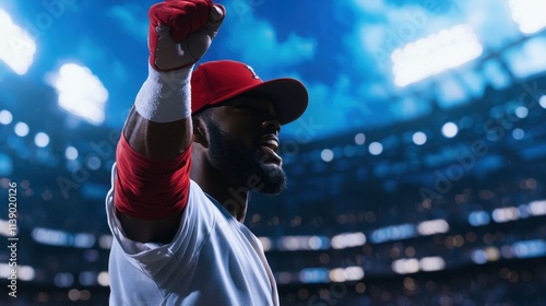 Baseball player celebrates home run victory at stadium sports photography nighttime dynamic perspective