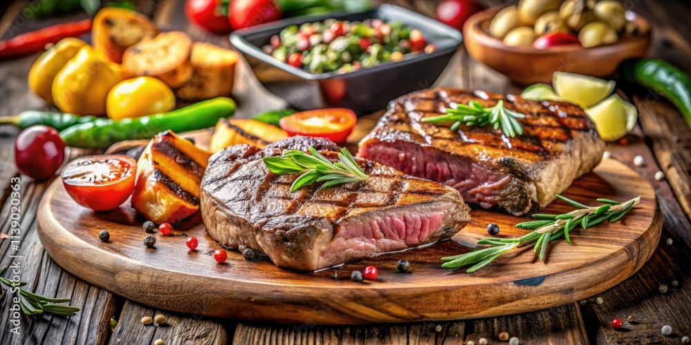 Sizzling steak, tilt-shift charm: gourmet BBQ feast on rustic wood. Sizzling steak, tilt-shift charm: gourmet BBQ feast on rustic wood.