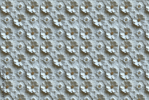Beautiful Floral Pattern Featuring Dimensional White Flowers with Delicate Details and Textures