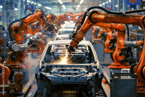 Advanced Manufacturing Facility with Robotic Arms Welding Car Frames in an Automotive Production Line Showcasing High Technology and Precision Engineering