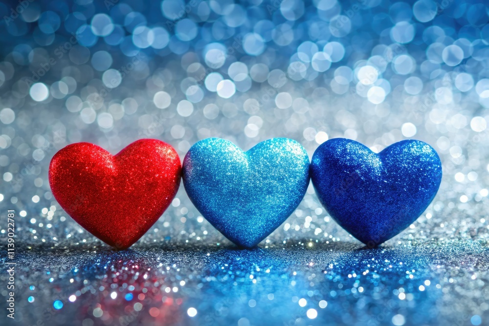 Fototapeta premium Sparkling red and blue hearts shimmer against a glittery bokeh backdrop, perfect for Valentine's Day.