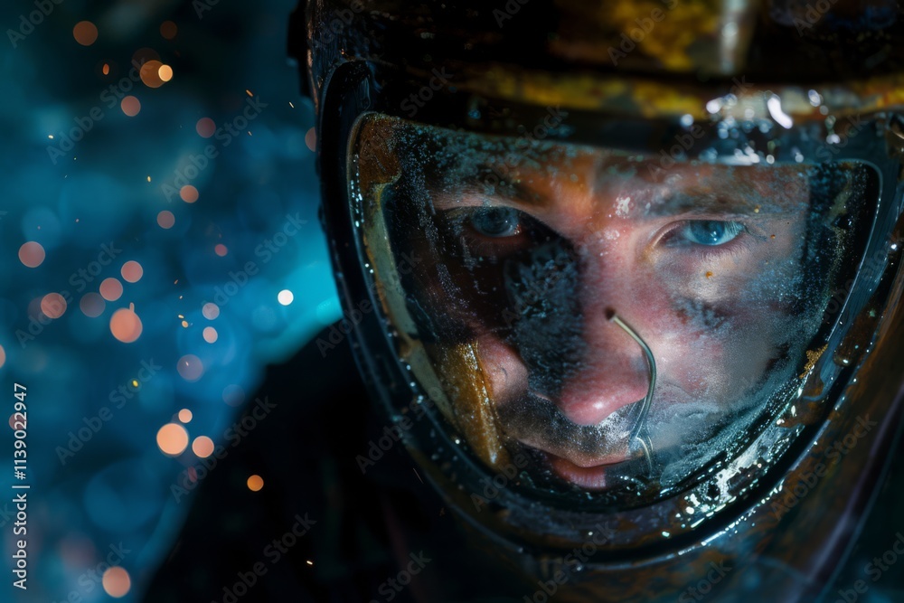 Close-Up Portrait of a Diver in Underwater Environment Surrounded by Bubbles and Sparkling Particles Capturing the Mystery of Deep Sea Exploration