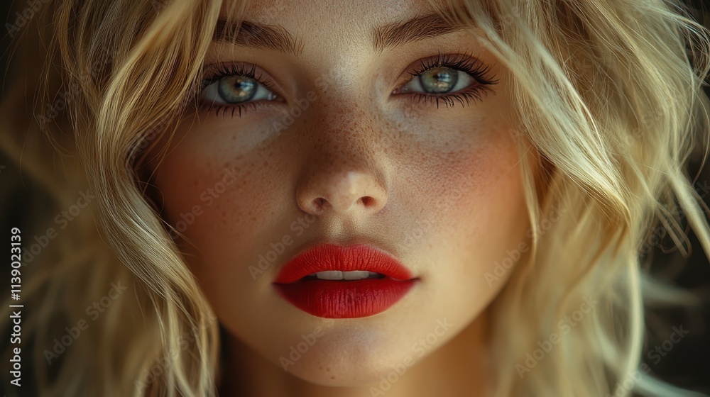 a woman with red lipstick and blonde hair a woman with red lipstick and blonde hair