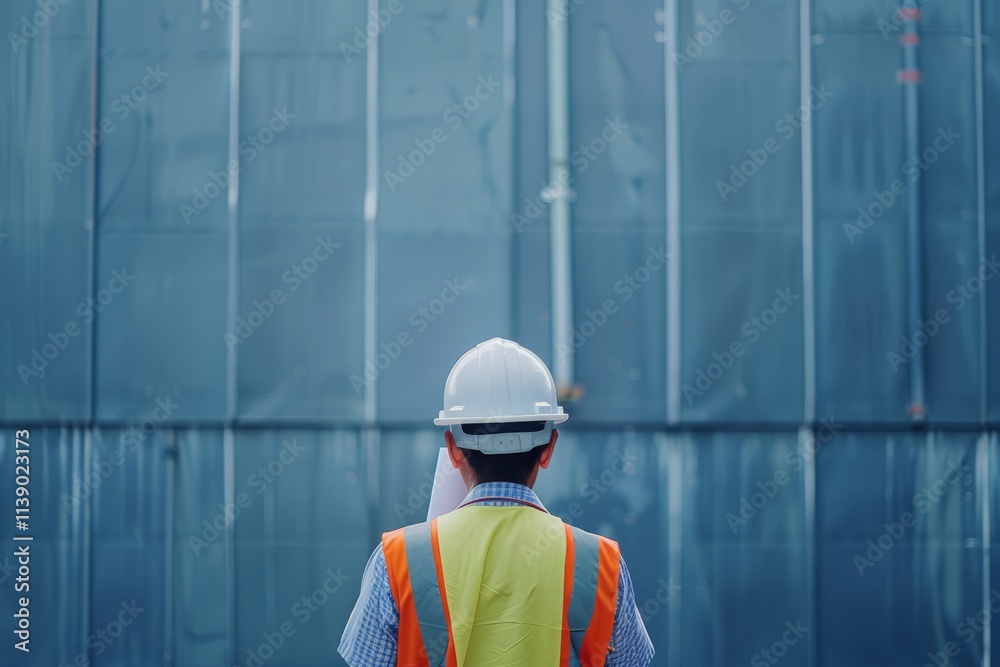 Construction Worker Analyzing Plans in Front of Building Site with Protective Gear and Safety Helmet under Bright Natural Light Construction Worker Analyzing Plans in Front of Building Site with Protective Gear and Safety Helmet under Bright Natural Light
