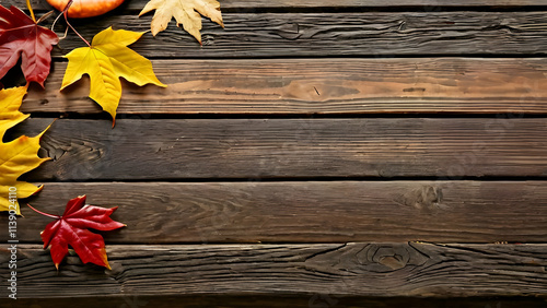 Rustic wooden table with scattered fall leaves, perfect for seasonal designs and autumn-themed visuals.