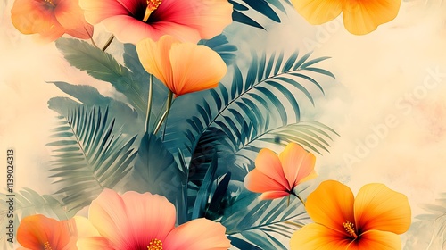 A rich composition of oversized tropical flowers in vibrant shades of orange, pink, and yellow, paired with lush palm and fern leaves, on a soft cream background with subtle gradients, hd quality, photo