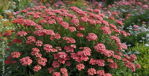 Achillea filipendulina in a mixed border garden, ornamental grasses, greenery, outdoor landscaping photo