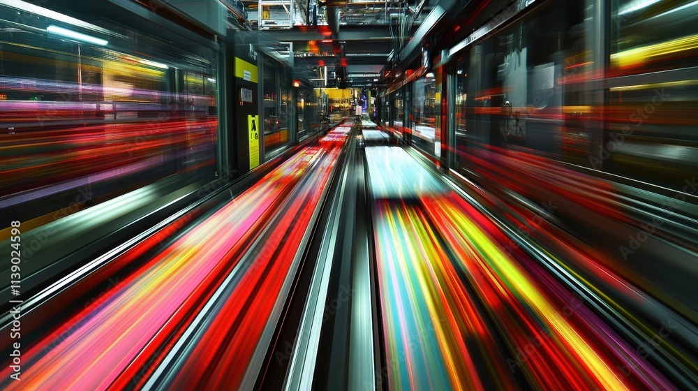 A detailed image of a highspeed camera positioned over a manufacturing line capturing rapid movement of products as they pass through with colorful flashes indicating capture moments. A detailed image of a highspeed camera positioned over a manufacturing line capturing rapid movement of products as they pass through with colorful flashes indicating capture moments.