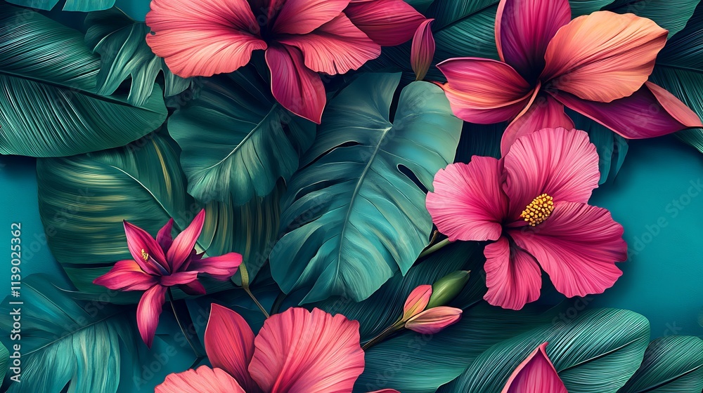 A stunning arrangement of oversized tropical flowers in bright fuchsia and coral hues, intertwined with large banana leaves, set against a soft turquoise background, hd quality, lively and fresh. A stunning arrangement of oversized tropical flowers in bright fuchsia and coral hues, intertwined with large banana leaves, set against a soft turquoise background, hd quality, lively and fresh.