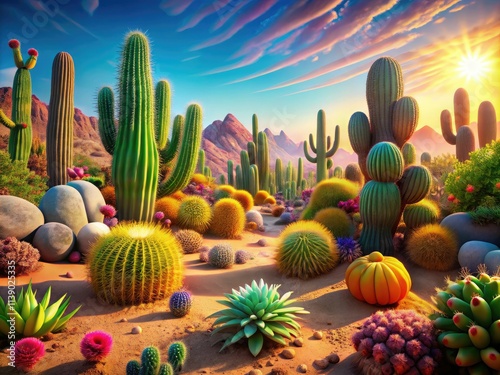 Surreal 3D cartoon desert: cacti tower, whimsical western sunset.