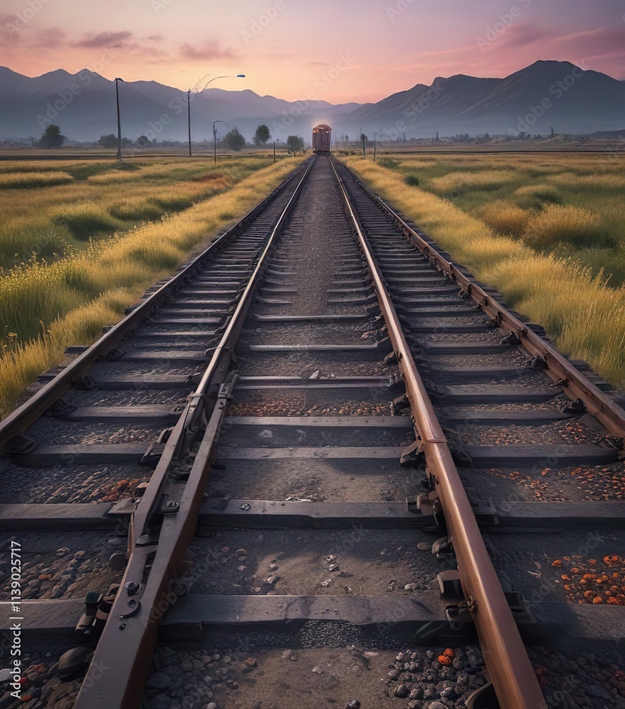 Obraz premium A solitary empty train platform in the middle of a fields, scenery, nature