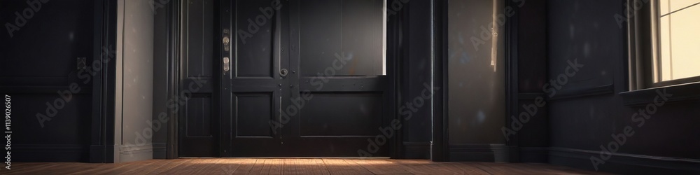 Black door with a hint of light in the background , dimly lit, black door, subtle radiance Black door with a hint of light in the background , dimly lit, black door, subtle radiance