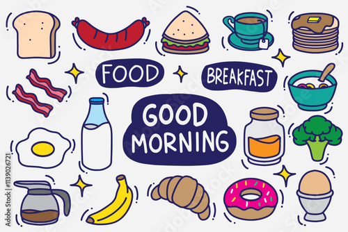 set of breakfast doodle with color good for background, wallpaper, icons, element design, etc