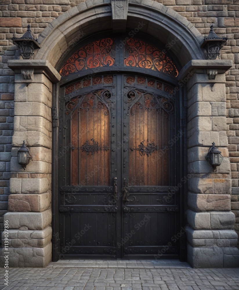Castle gates with heavy iron door and portcullis , fortified, secure, gates Castle gates with heavy iron door and portcullis , fortified, secure, gates