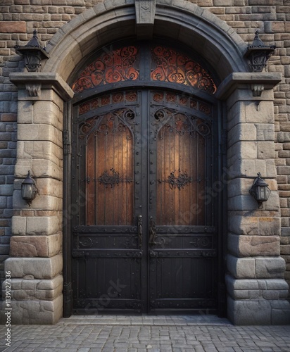 Castle gates with heavy iron door and portcullis , fortified, secure, gates photo