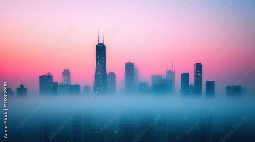 Fototapeta premium Misty Cityscape at Dawn with Soft Pastel Sky and Skyscrapers