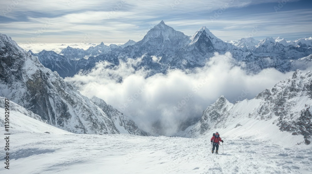 A climber traverses a snowy mountain landscape with towering peaks in the background. A climber traverses a snowy mountain landscape with towering peaks in the background.