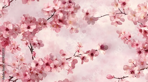 Cherry blossom branches heavy with pastel pink blooms, cascading gracefully under a pale lavender sky, with soft sunlight filtering through the petals, hd quality, dreamy and calming.