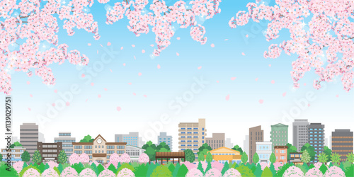 桜咲く春の街並みのイラスト