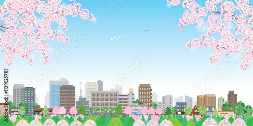 桜咲く春の街並みのイラスト