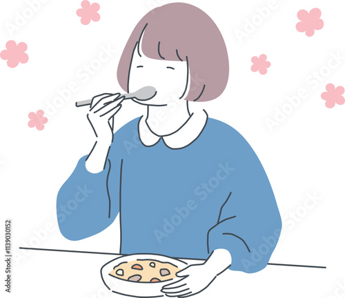 笑顔で食事を楽しむ女性のイラスト素材