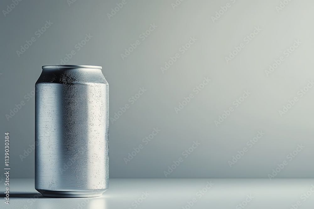 Silver can with condensation on cool grey background Silver can with condensation on cool grey background